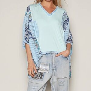Pol Blue Mixed Media Boho Top Size Large NEW
